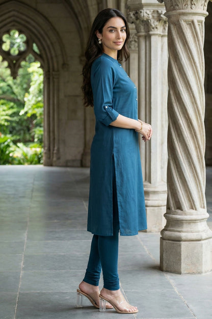 W for Woman Blue Solid Cotton Shirt Kurta in Mandarin Collar