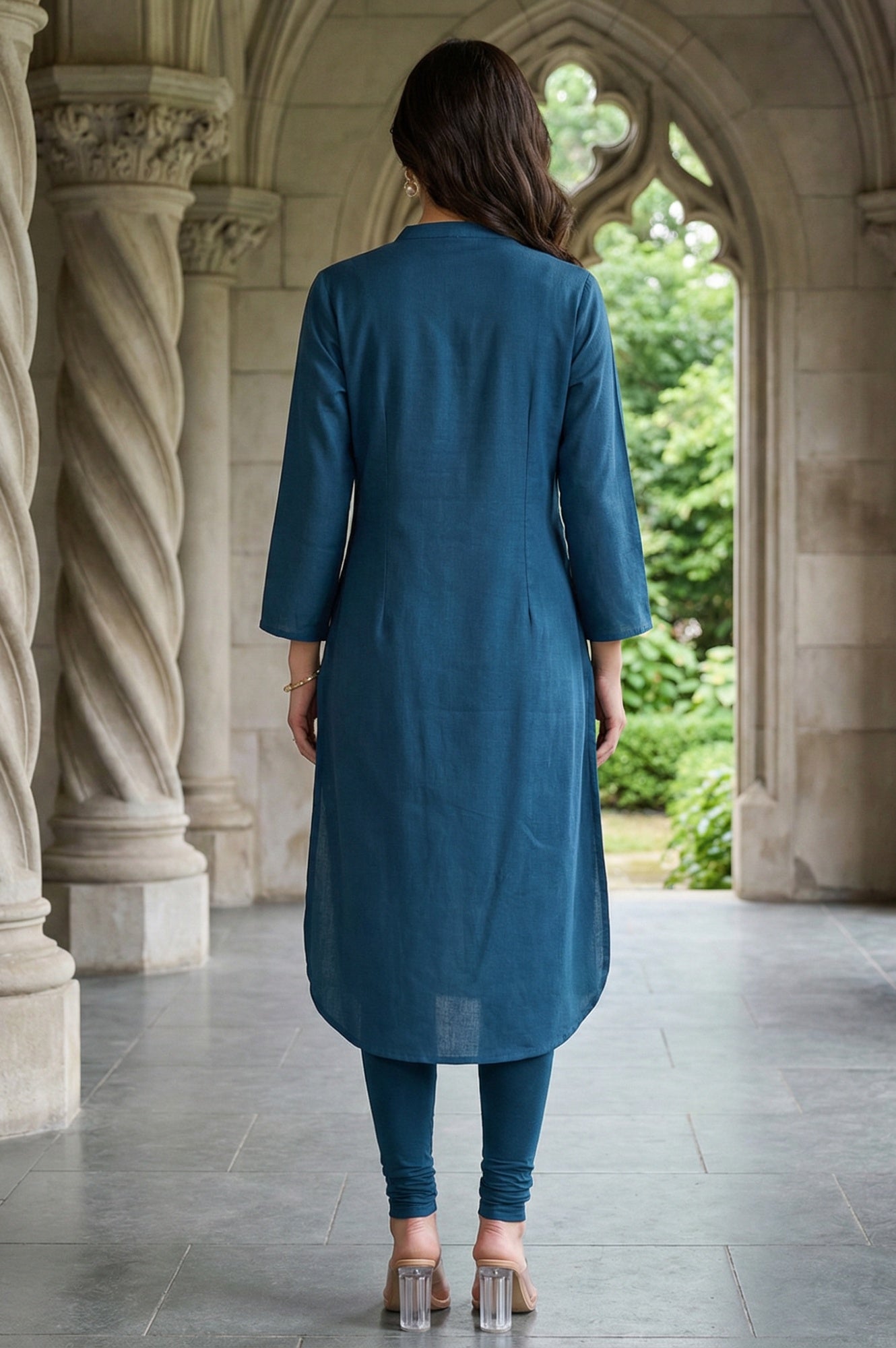 W for Woman Blue Solid Cotton Shirt Kurta in Mandarin Collar