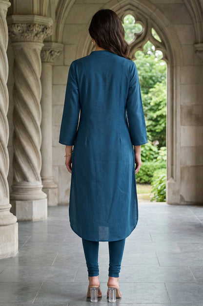 W for Woman Blue Solid Cotton Shirt Kurta in Mandarin Collar