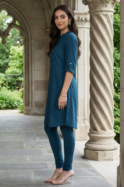 W for Woman Blue Solid Cotton Shirt Kurta in Mandarin Collar