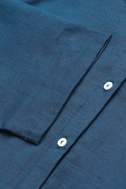 W for Woman Blue Solid Cotton Shirt Kurta in Mandarin Collar