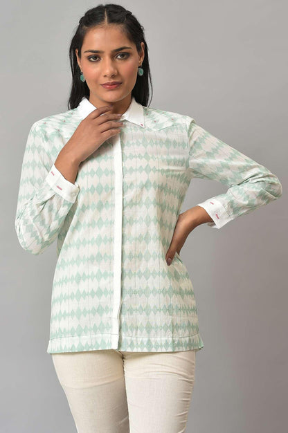 W for Woman White And Green Dobby Textured Shirt