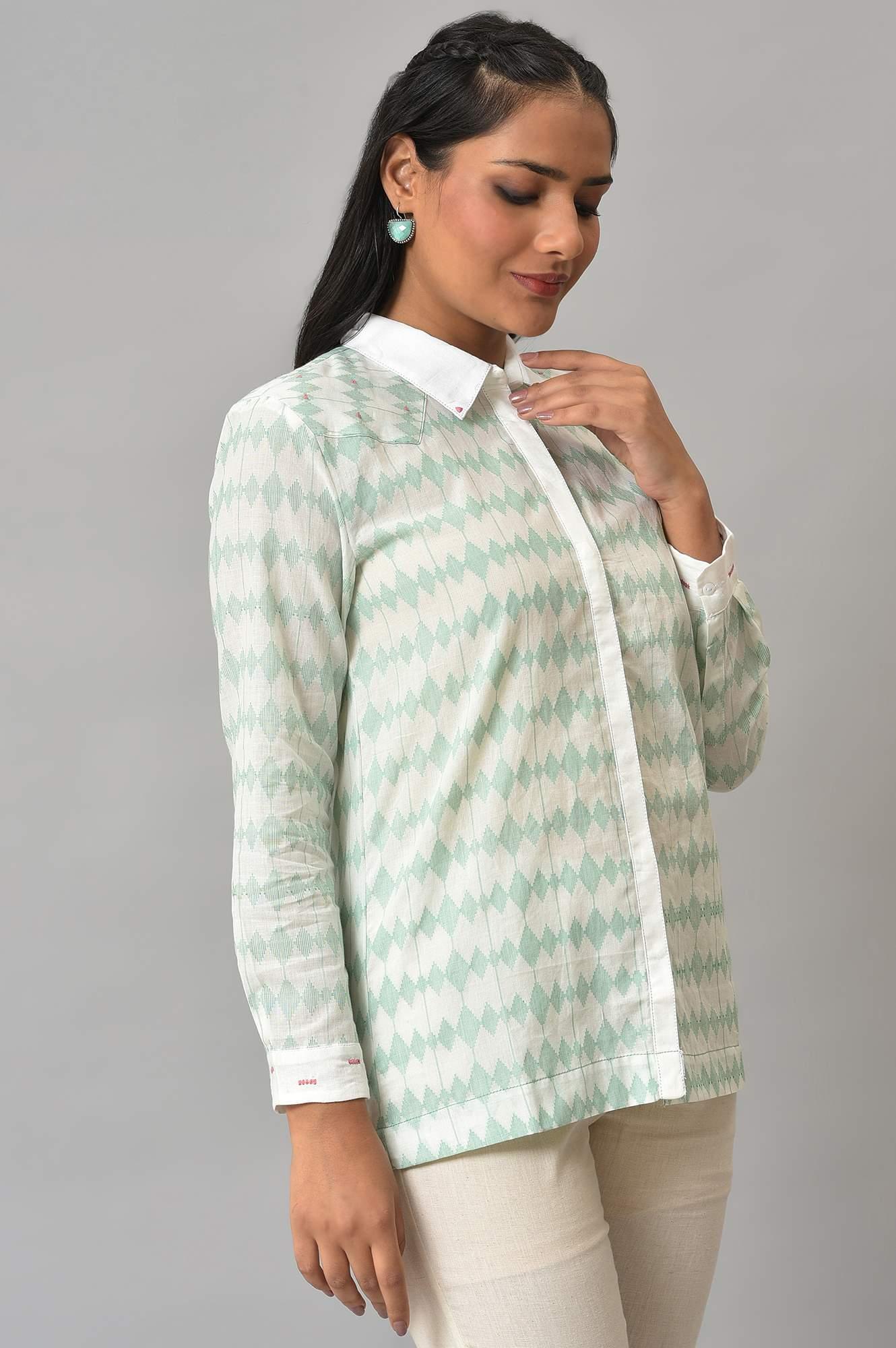 W for Woman White And Green Dobby Textured Shirt