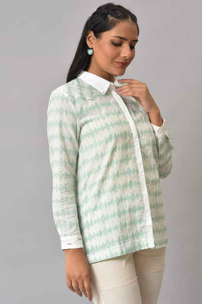 W for Woman White And Green Dobby Textured Shirt