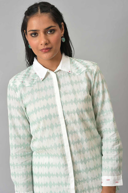 W for Woman White And Green Dobby Textured Shirt