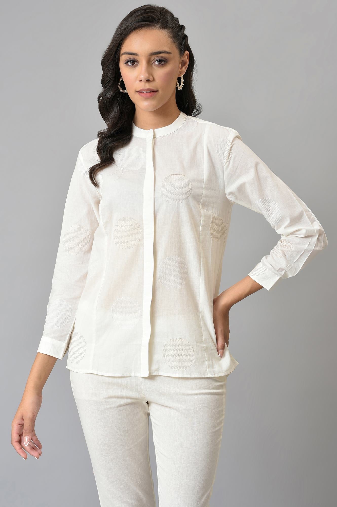 W for Woman White Thread Embroidered Pure Cotton Shirt