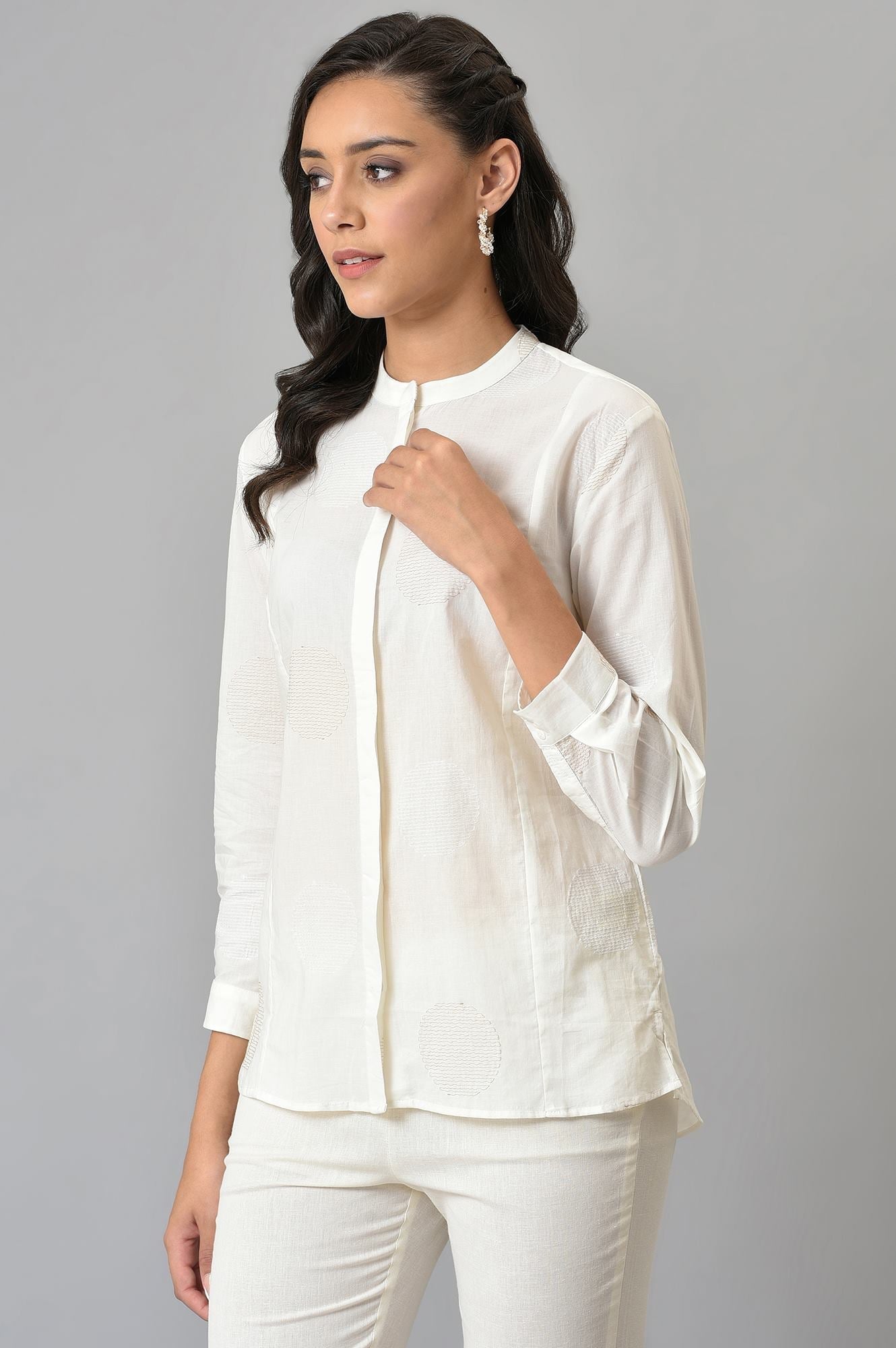 W for Woman White Thread Embroidered Pure Cotton Shirt