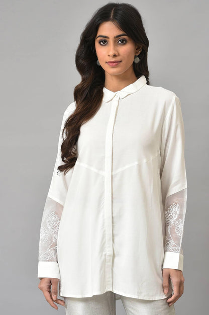 W for Woman White Panelled Shirt With Embroidered Organza Sleeves