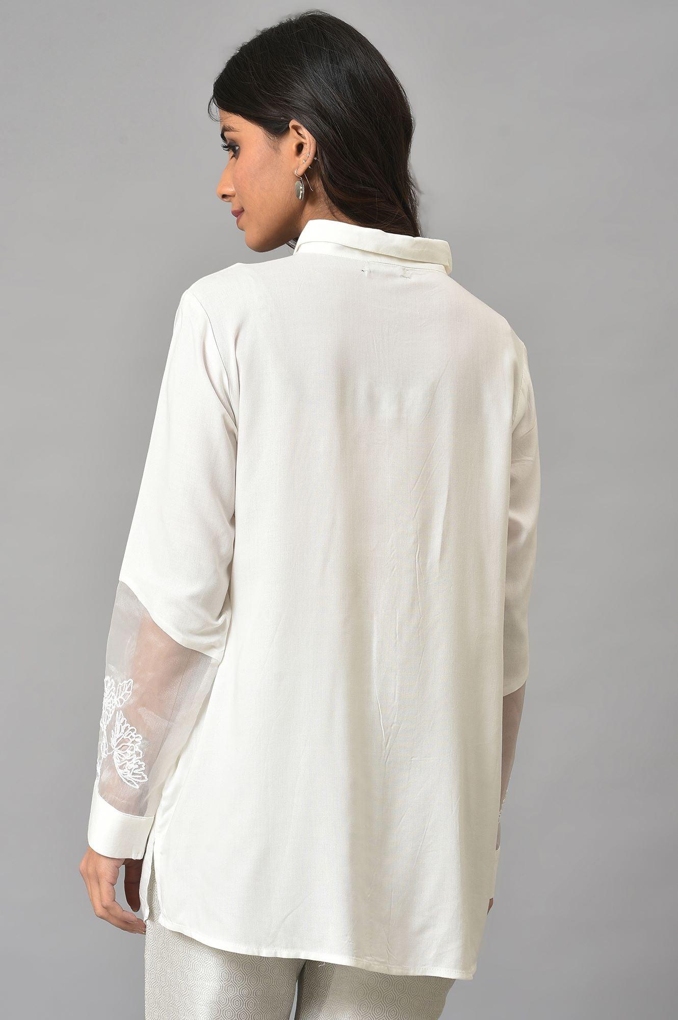 W for Woman White Panelled Shirt With Embroidered Organza Sleeves