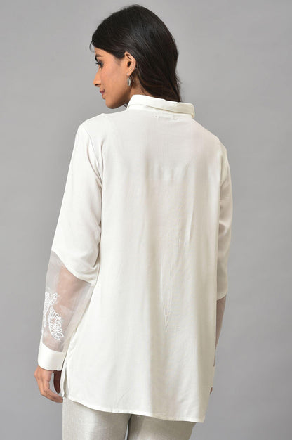 W for Woman White Panelled Shirt With Embroidered Organza Sleeves