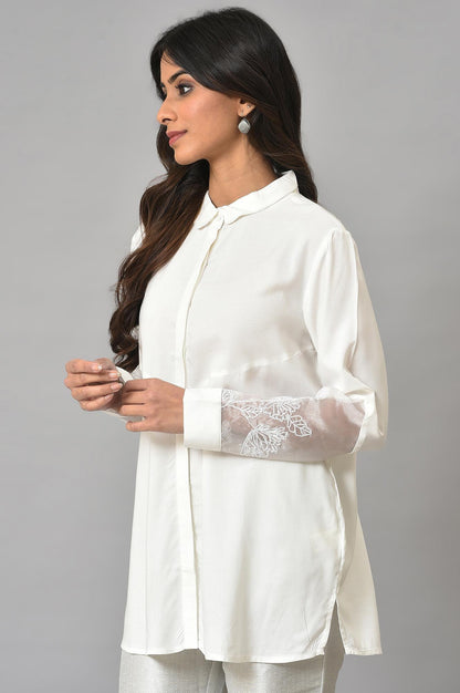 W for Woman White Panelled Shirt With Embroidered Organza Sleeves