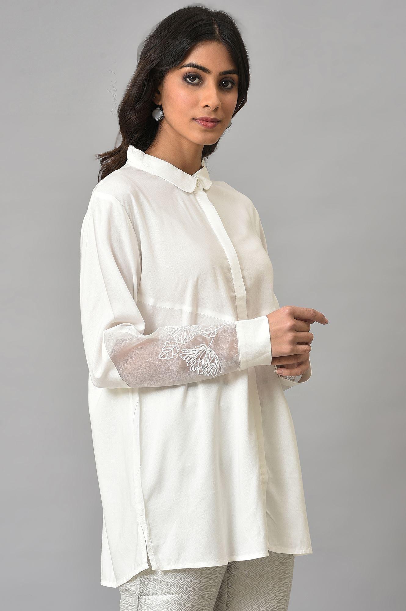W for Woman White Panelled Shirt With Embroidered Organza Sleeves