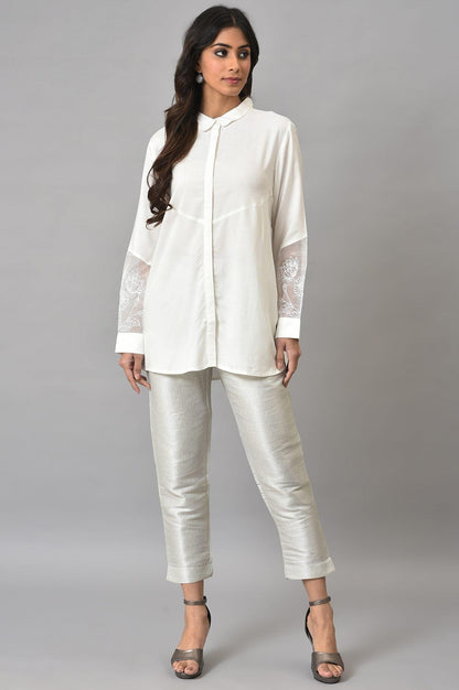 W for Woman White Panelled Shirt With Embroidered Organza Sleeves