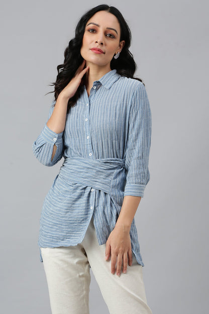 W for Woman Light Blue Cotton Stripes Shirt With Front Knot