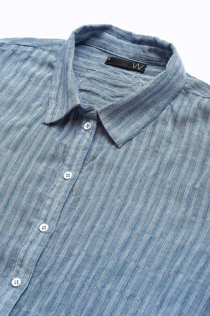 W for Woman Light Blue Cotton Stripes Shirt With Front Knot