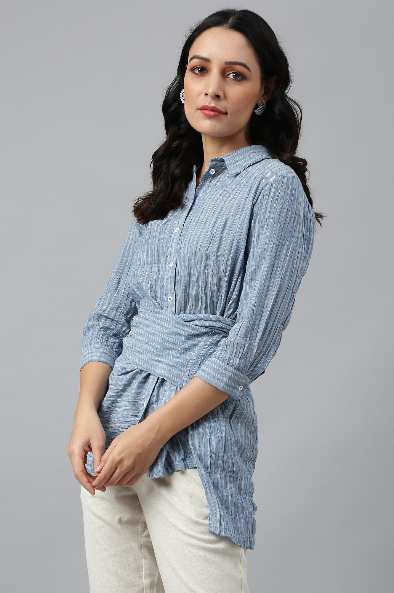 W for Woman Light Blue Cotton Stripes Shirt With Front Knot