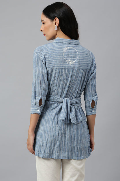 W for Woman Light Blue Cotton Stripes Shirt With Front Knot