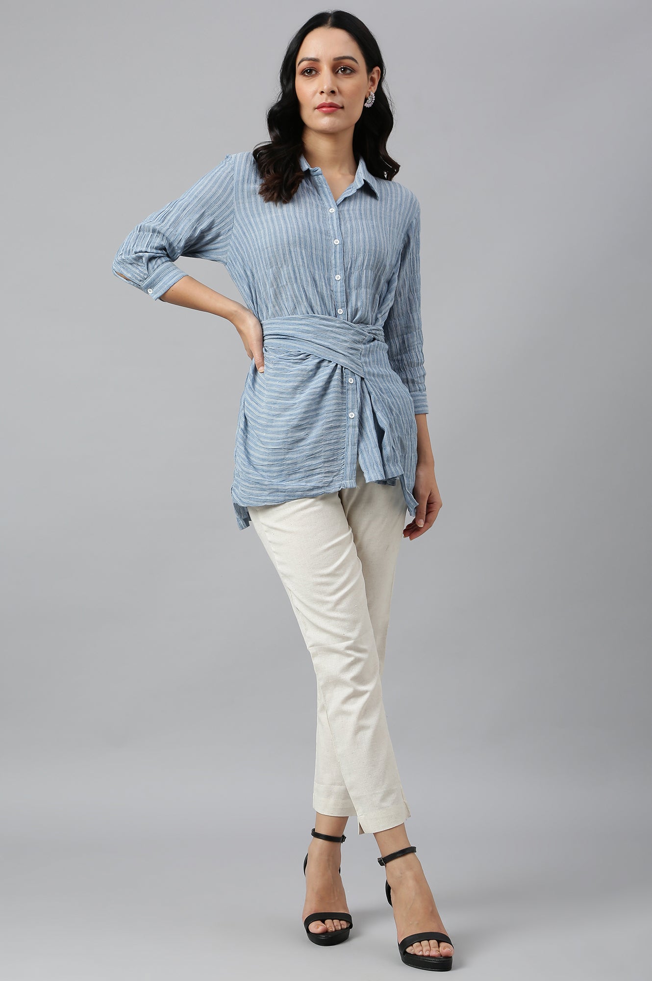 W for Woman Light Blue Cotton Stripes Shirt With Front Knot