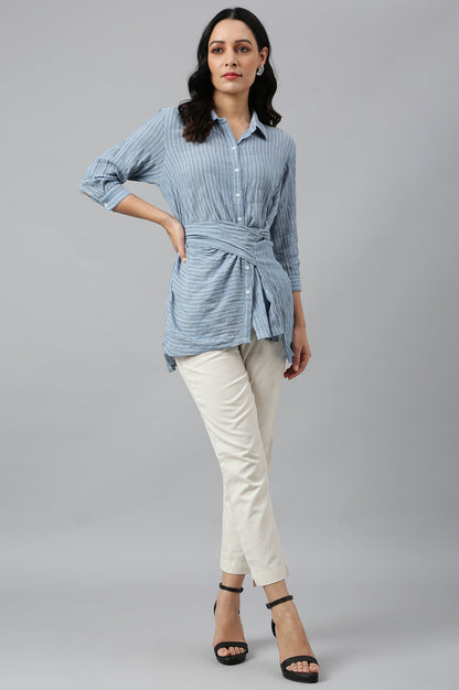 W for Woman Light Blue Cotton Stripes Shirt With Front Knot