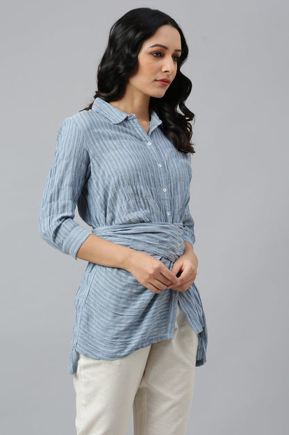 W for Woman Light Blue Cotton Stripes Shirt With Front Knot