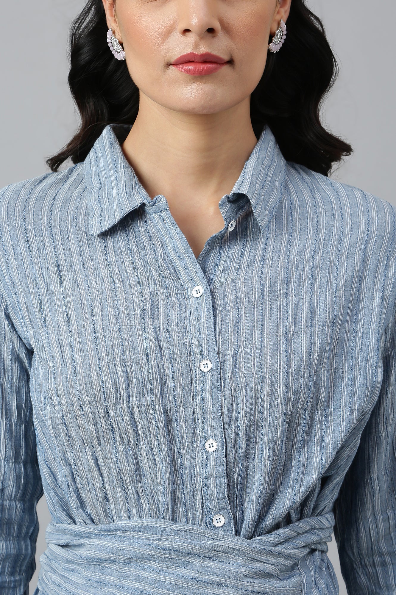 W for Woman Light Blue Cotton Stripes Shirt With Front Knot