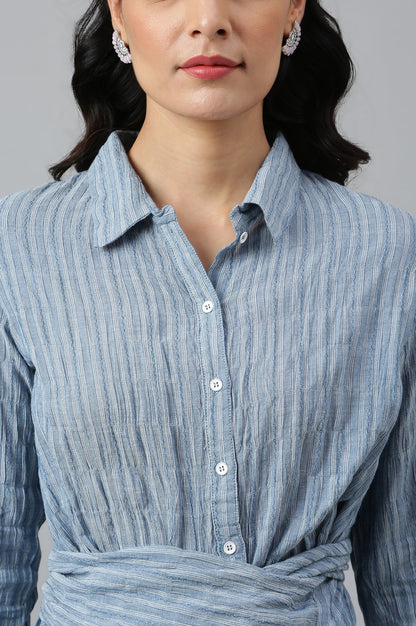 W for Woman Light Blue Cotton Stripes Shirt With Front Knot