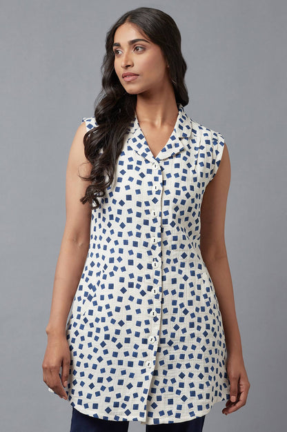 W for Woman Ecru And Blue Printed Lapel Collar Cotton Tunic