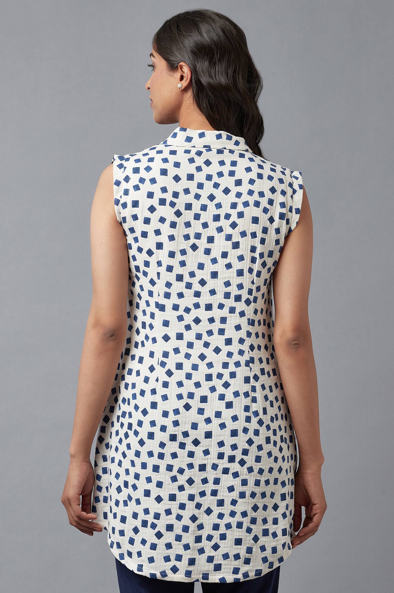 W for Woman Ecru And Blue Printed Lapel Collar Cotton Tunic
