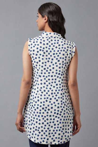 W for Woman Ecru And Blue Printed Lapel Collar Cotton Tunic