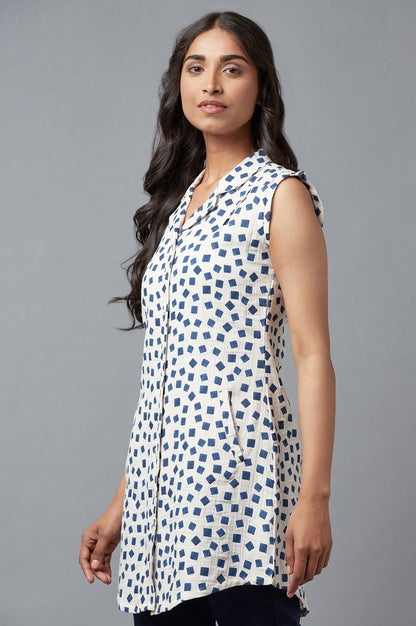 W for Woman Ecru And Blue Printed Lapel Collar Cotton Tunic