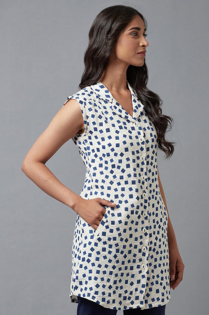 W for Woman Ecru And Blue Printed Lapel Collar Cotton Tunic