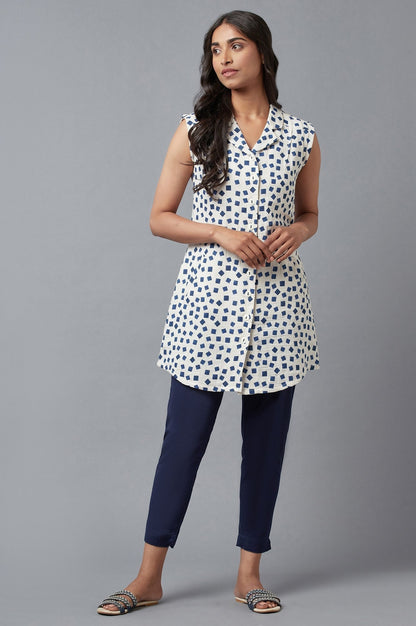 W for Woman Ecru And Blue Printed Lapel Collar Cotton Tunic