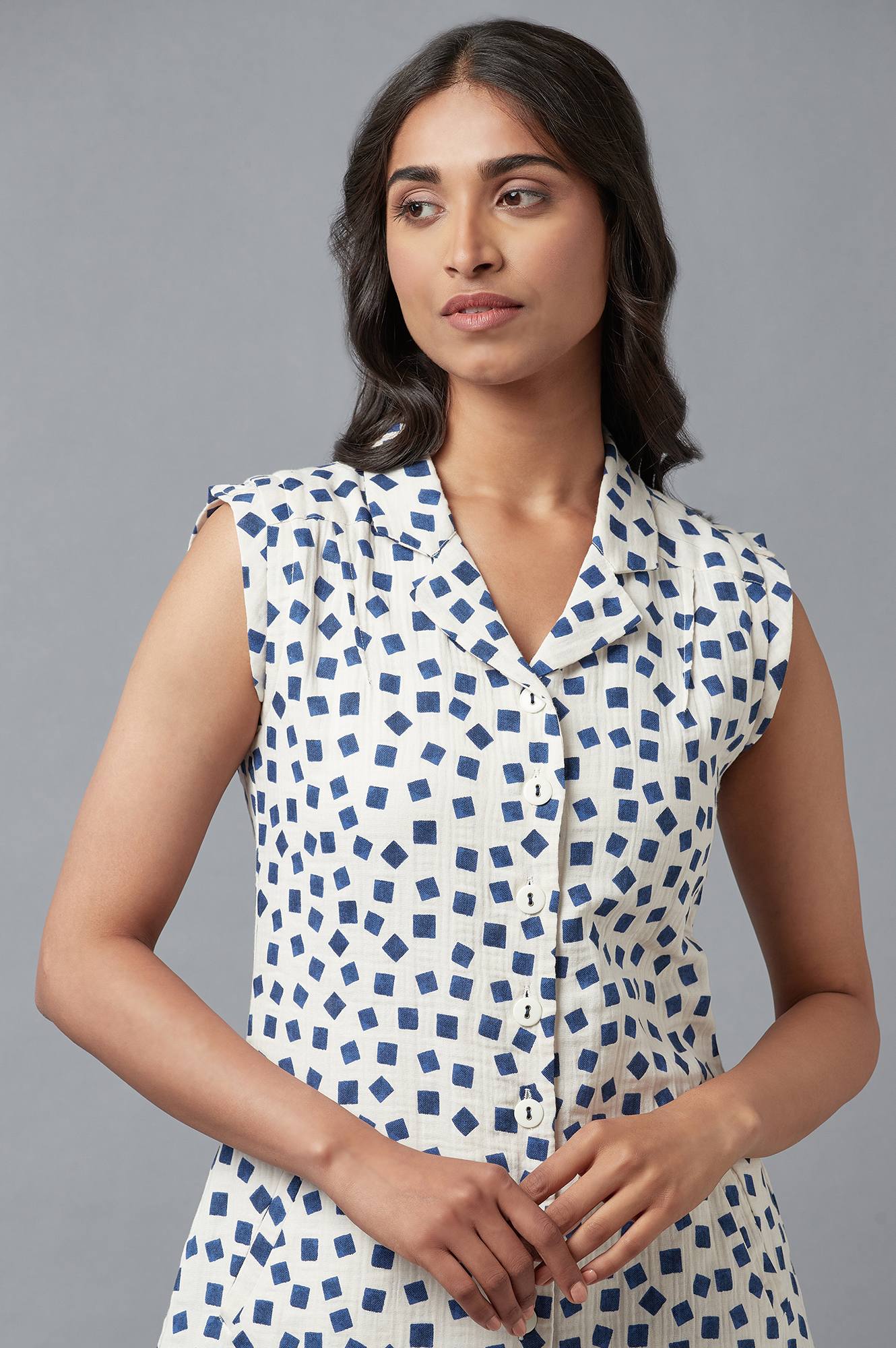 W for Woman Ecru And Blue Printed Lapel Collar Cotton Tunic