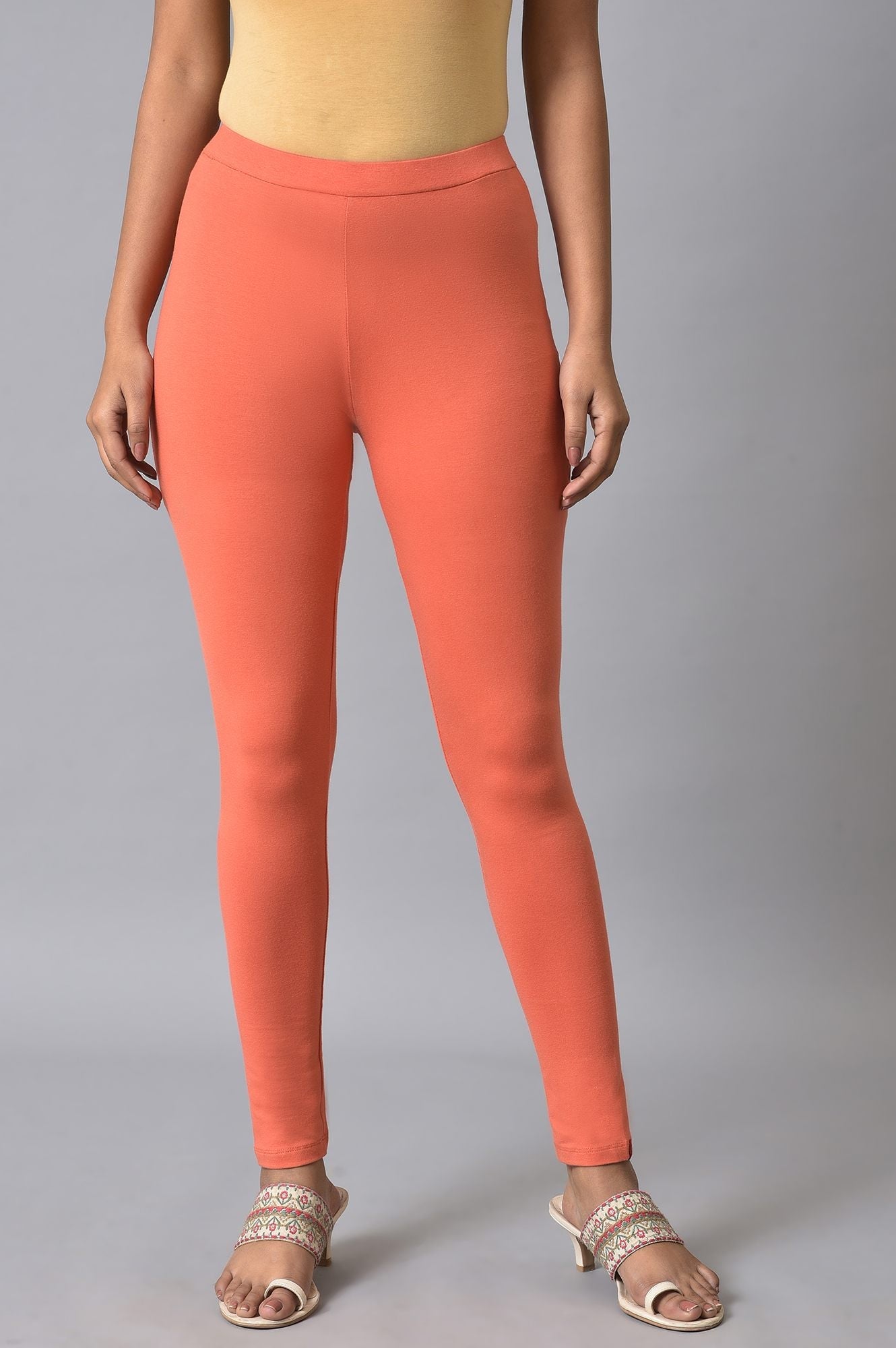 W for Woman Orange Solid Cotton Tights