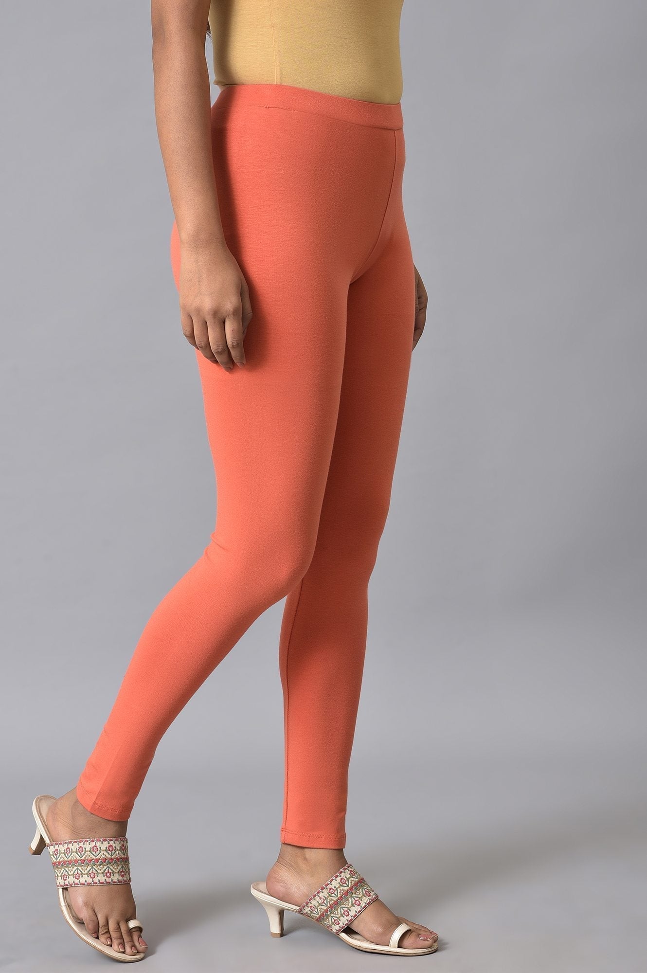 W for Woman Orange Solid Cotton Tights