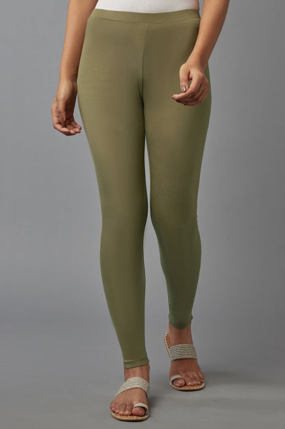 W for Woman Olive Green Solid Cotton Tights