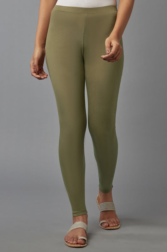 W for Woman Olive Green Solid Cotton Tights