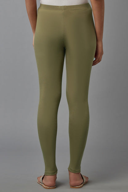 W for Woman Olive Green Solid Cotton Tights