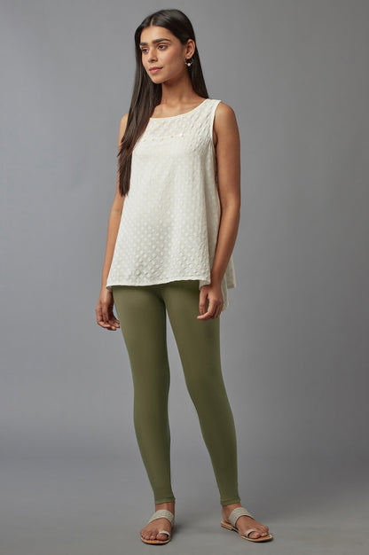 W for Woman Olive Green Solid Cotton Tights
