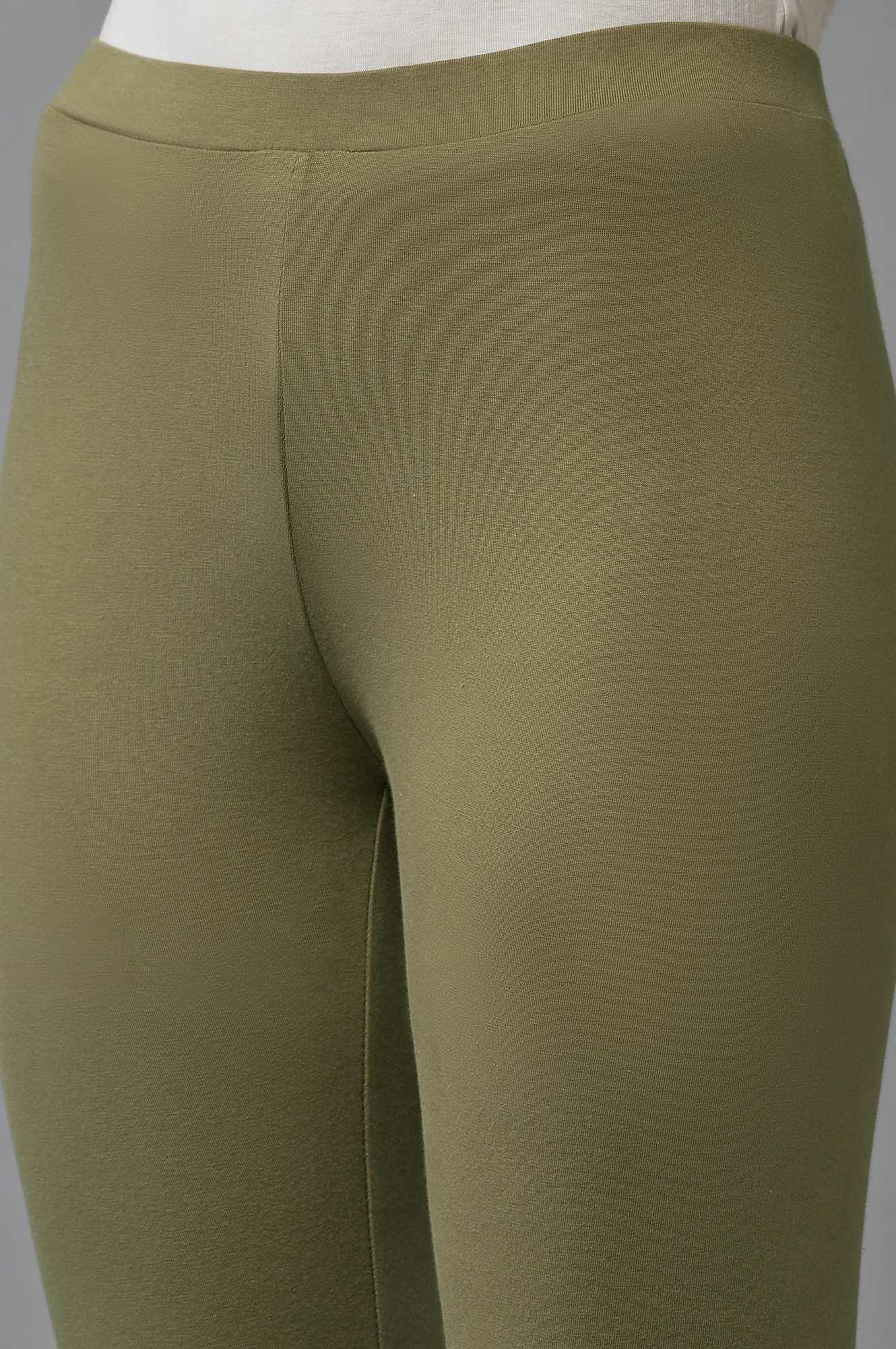 W for Woman Olive Green Solid Cotton Tights