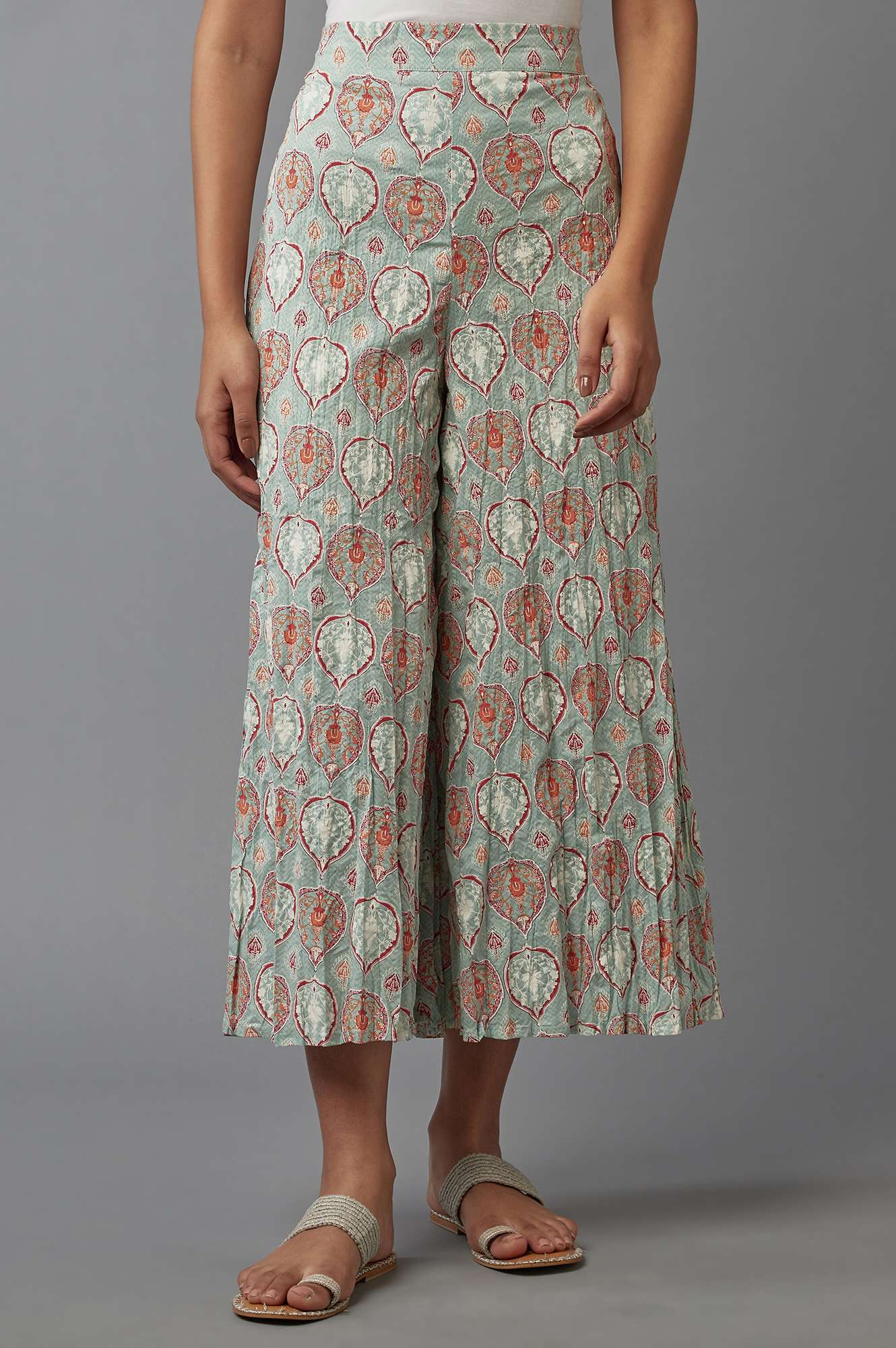 W for Woman Green Floral Printed Flared Pants
