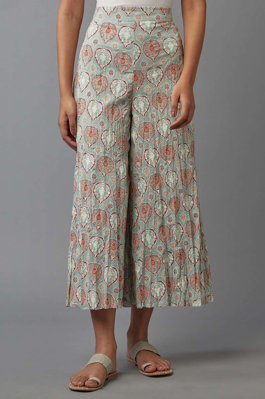 W for Woman Green Floral Printed Flared Pants