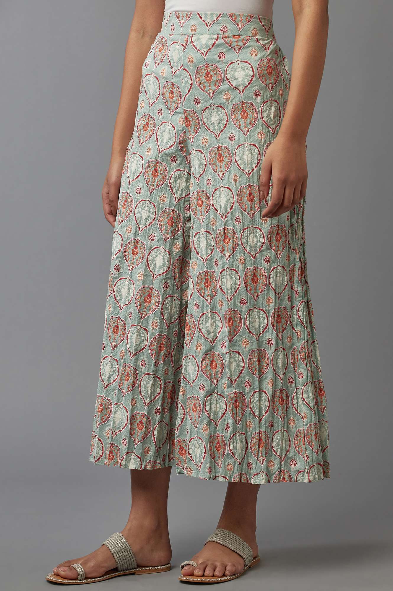 W for Woman Green Floral Printed Flared Pants