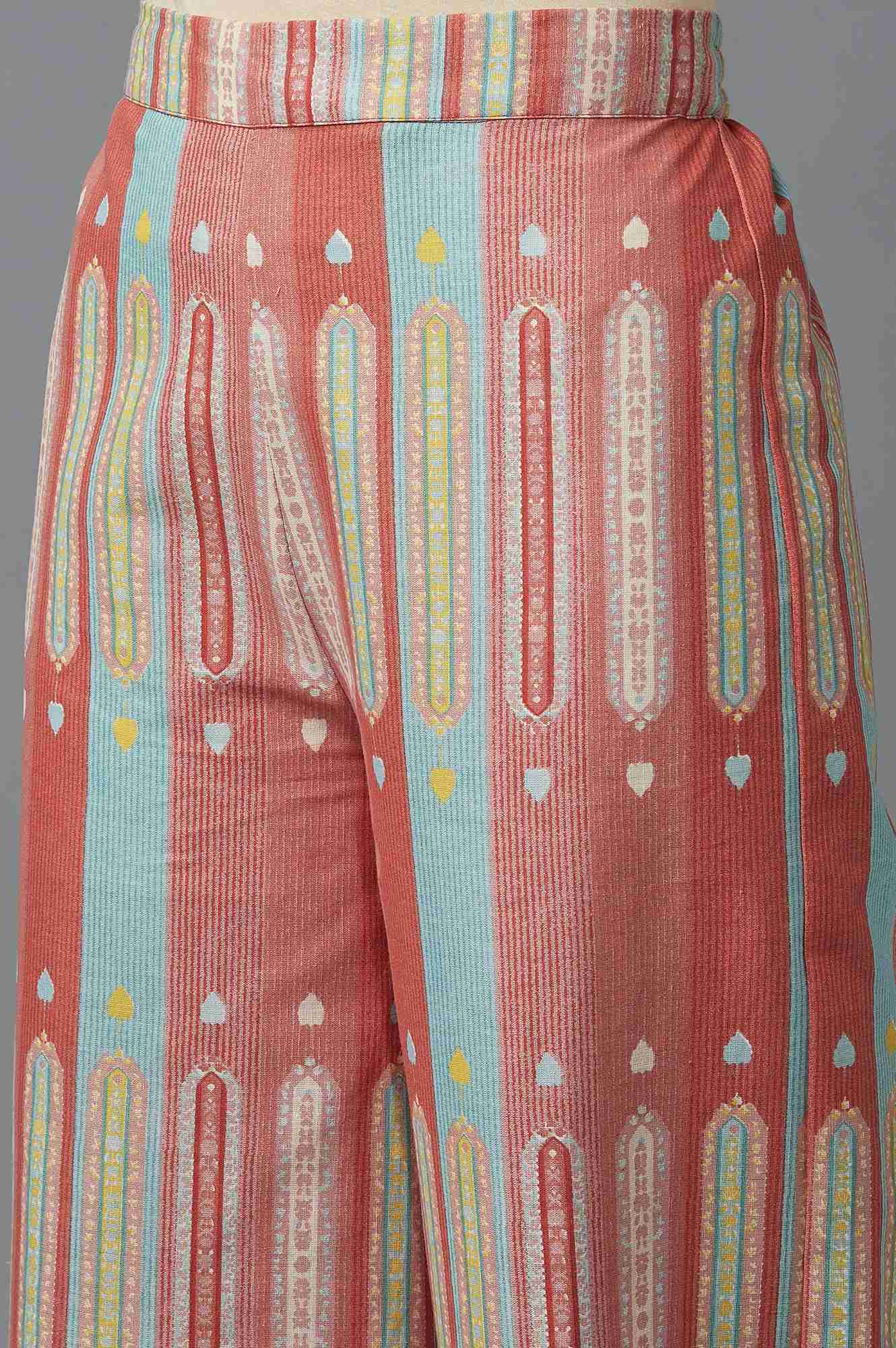 W for Woman Light Orange Floral Printed Lace Rayon A-Line Kurta and Parallel Pant Set