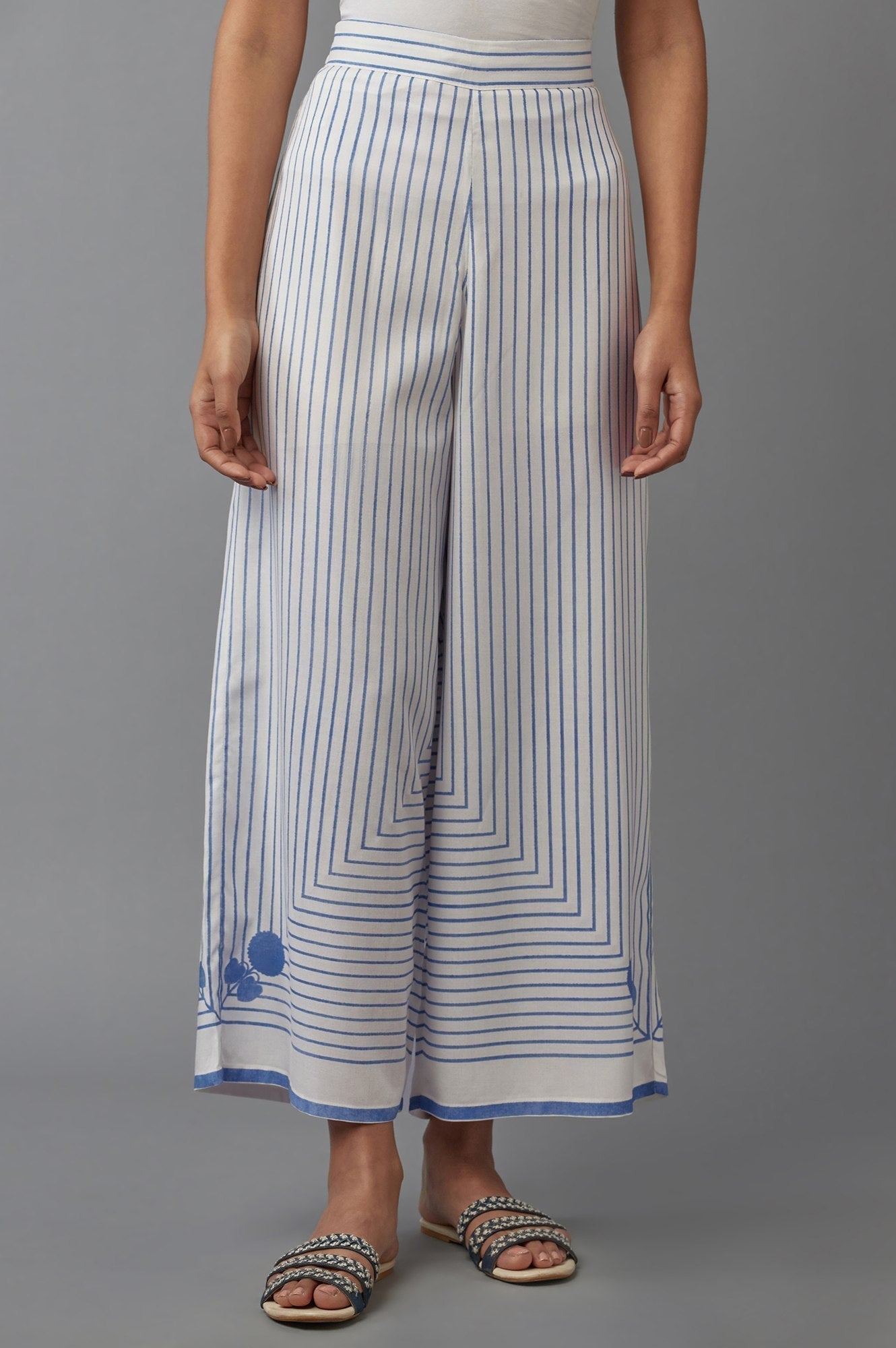 W for Woman Ecru and Blue Geometric Printed Parallel Pants