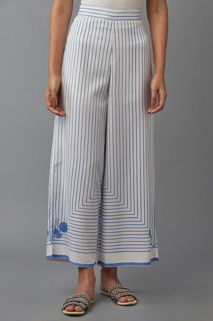W for Woman Ecru and Blue Geometric Printed Parallel Pants