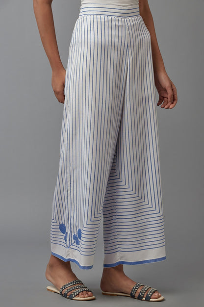 W for Woman Ecru and Blue Geometric Printed Parallel Pants