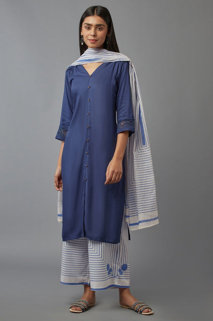 W for Woman Ecru and Blue Geometric Printed Parallel Pants