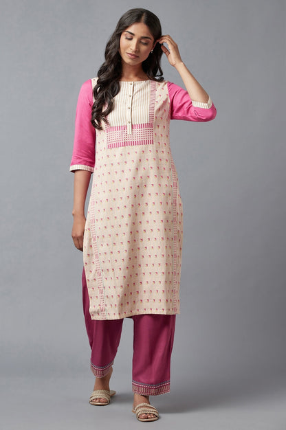 W for Woman Yellow Floral Printed Rayon Flax A-Line Kurta with Slim Pant Set