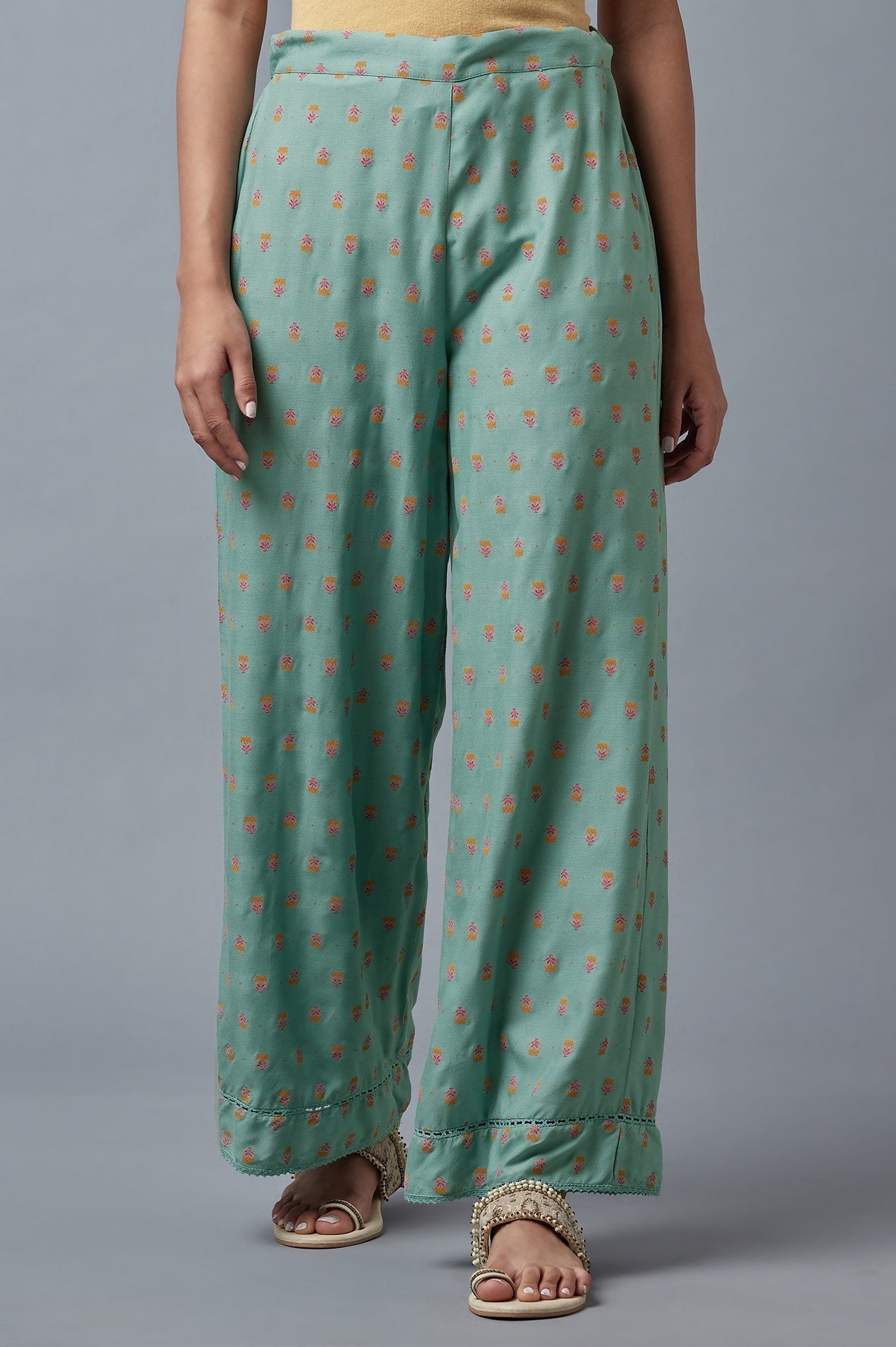 W for Woman Aqua Blue Floral Printed Parallel Pants